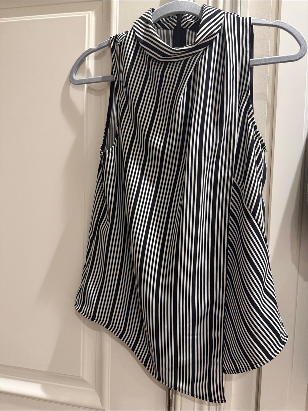 Karen Millen Black and White Striped Sleeveless Mock Neck Top